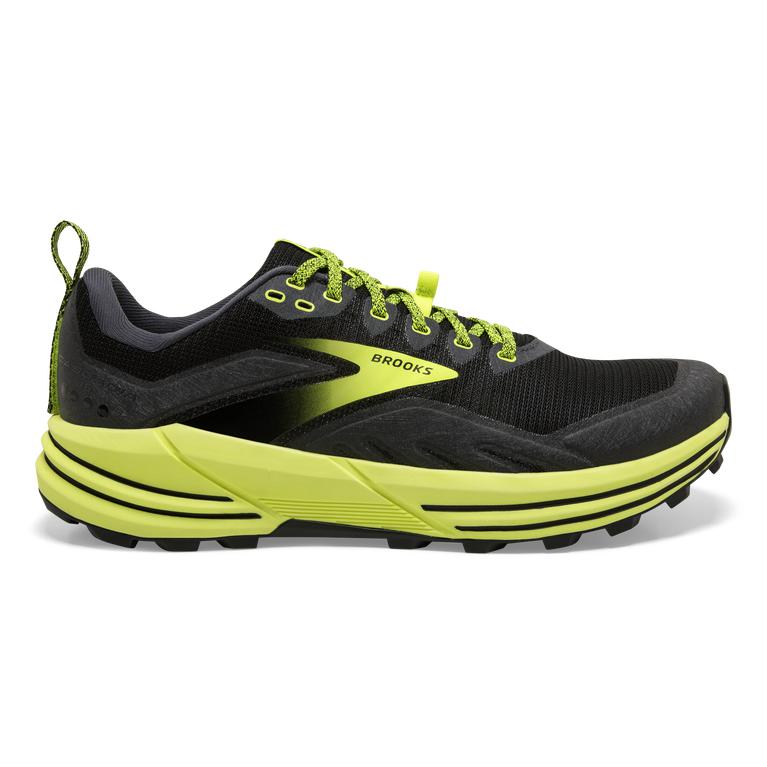 Brooks Cascadia 16 - Mens Flexible Trail Running Shoes - Black/Ebony/Grey Charcoal/Nightlife/Green Y